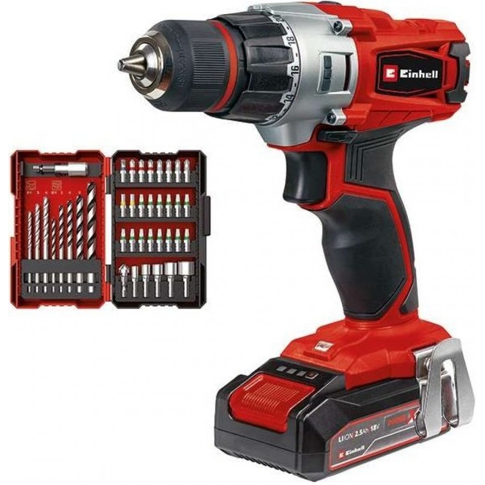 Шуруповерт-дриль Einhell TE-CD 18/2 Li, 18В, 2.5 Аг, 44 Нм, набір біт та свердел, кейс (4514219)