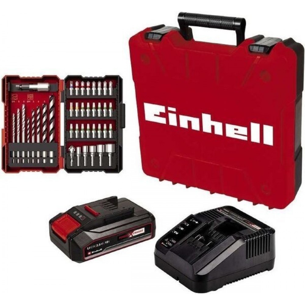 Шуруповерт-дриль Einhell TE-CD 18/2 Li, 18В, 2.5 Аг, 44 Нм, набір біт та свердел, кейс (4514219)