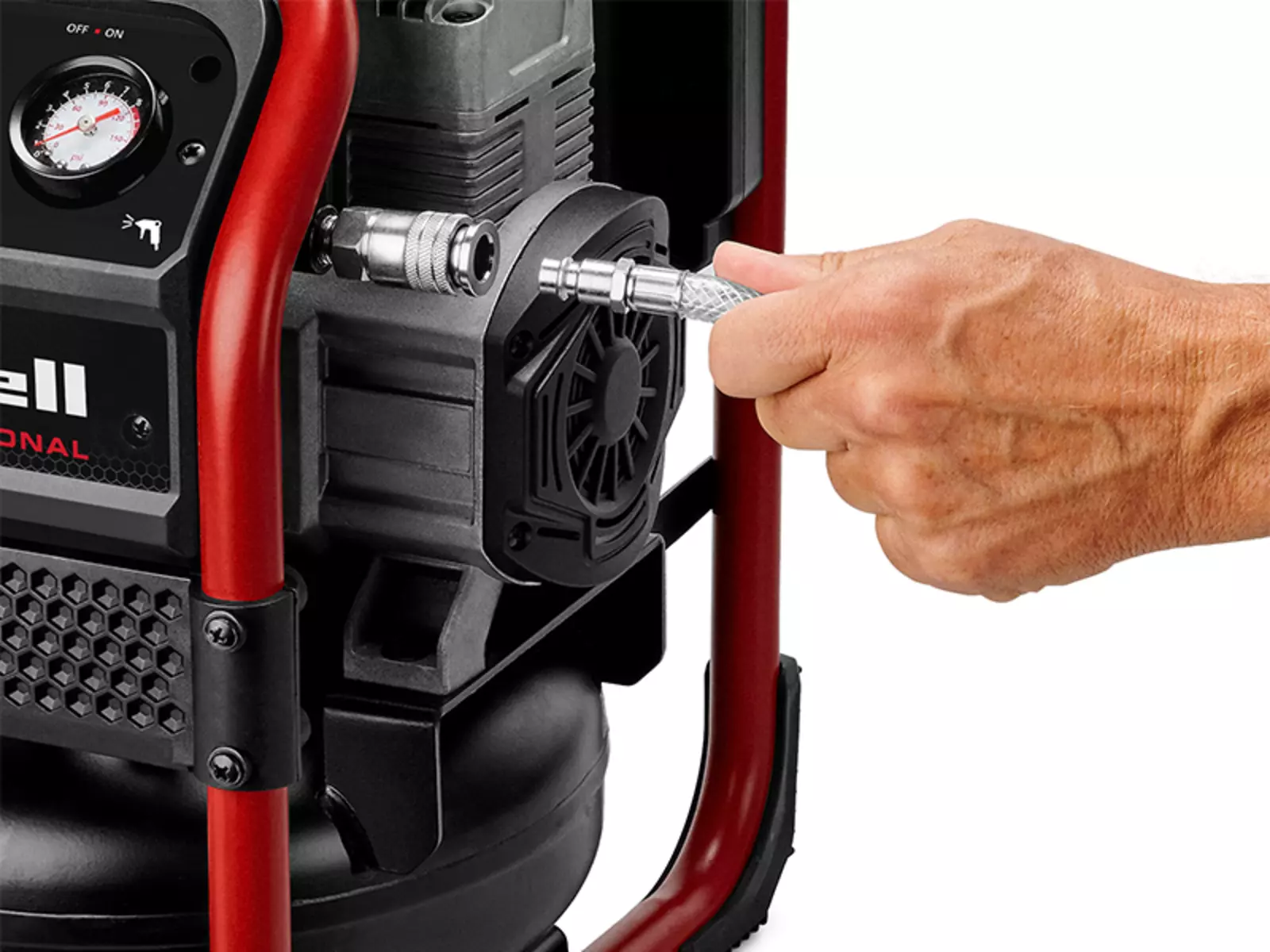 Акумуляторний компресор Einhell SILENZZO 18/160 з прикріпленим швидкознімним пневматичним з'єднанням.