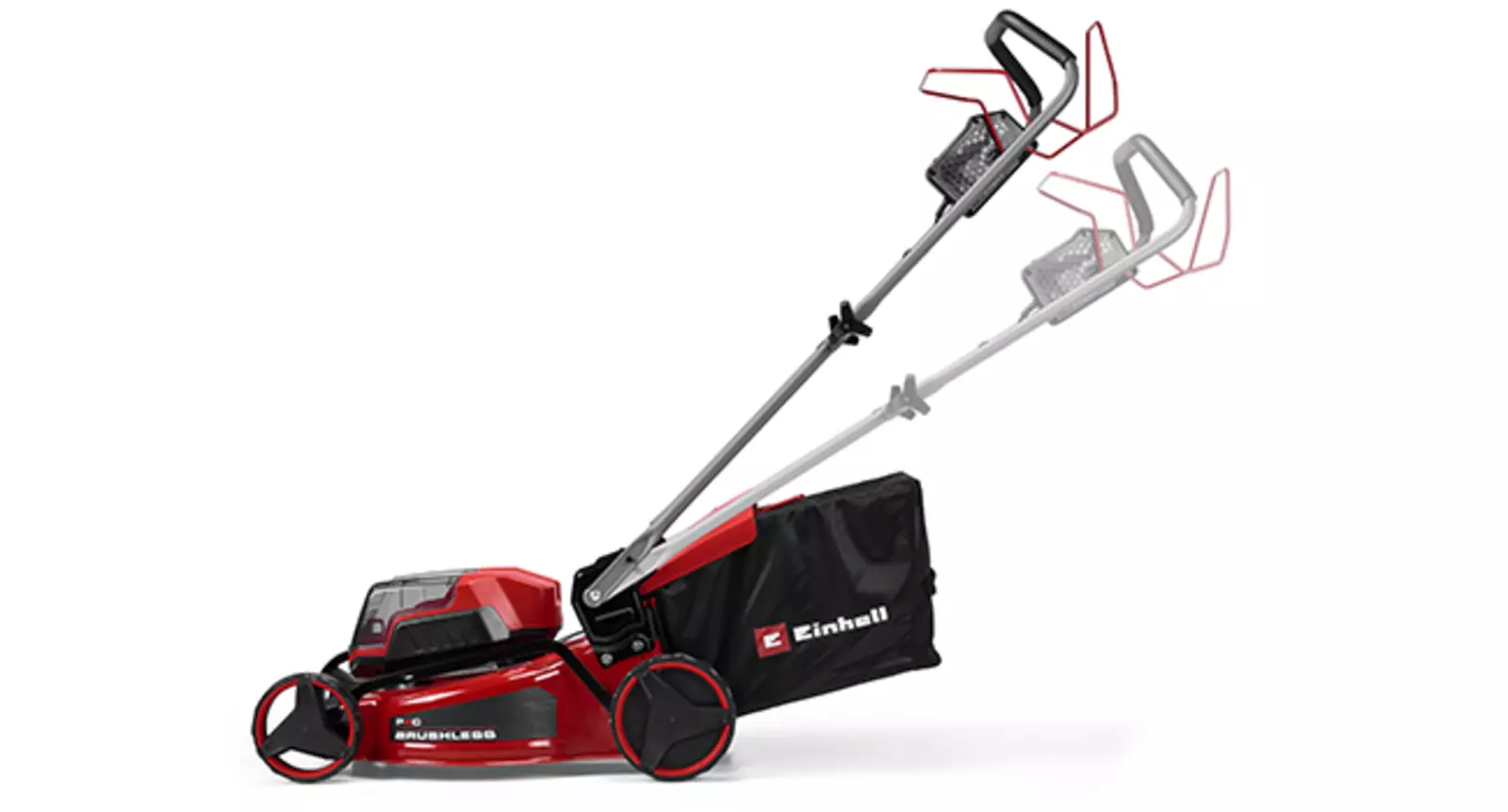 Акумуляторна газонокосарка Einhell GC-CM 36/46 S Li BL (2x 4,0 Ah) зі складеною ручкою для компактного зберігання.