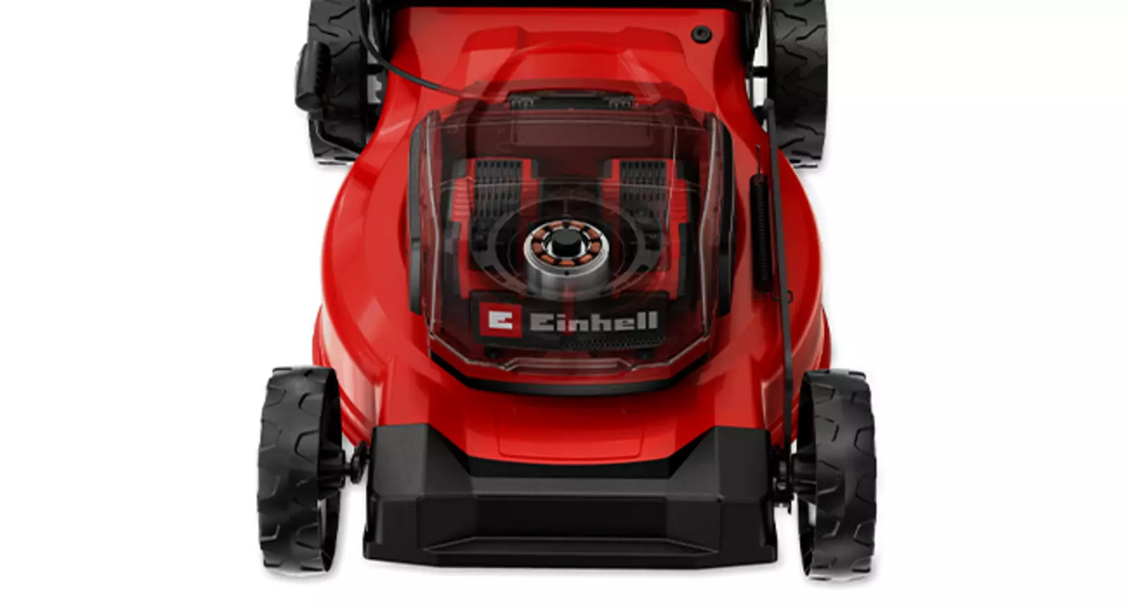 Вигляд зверху акумуляторної газонокосарки Einhell GC-CM 36/46 S Li BL (2x 4,0 Ah) з відсіком для акумулятора та корпусом.