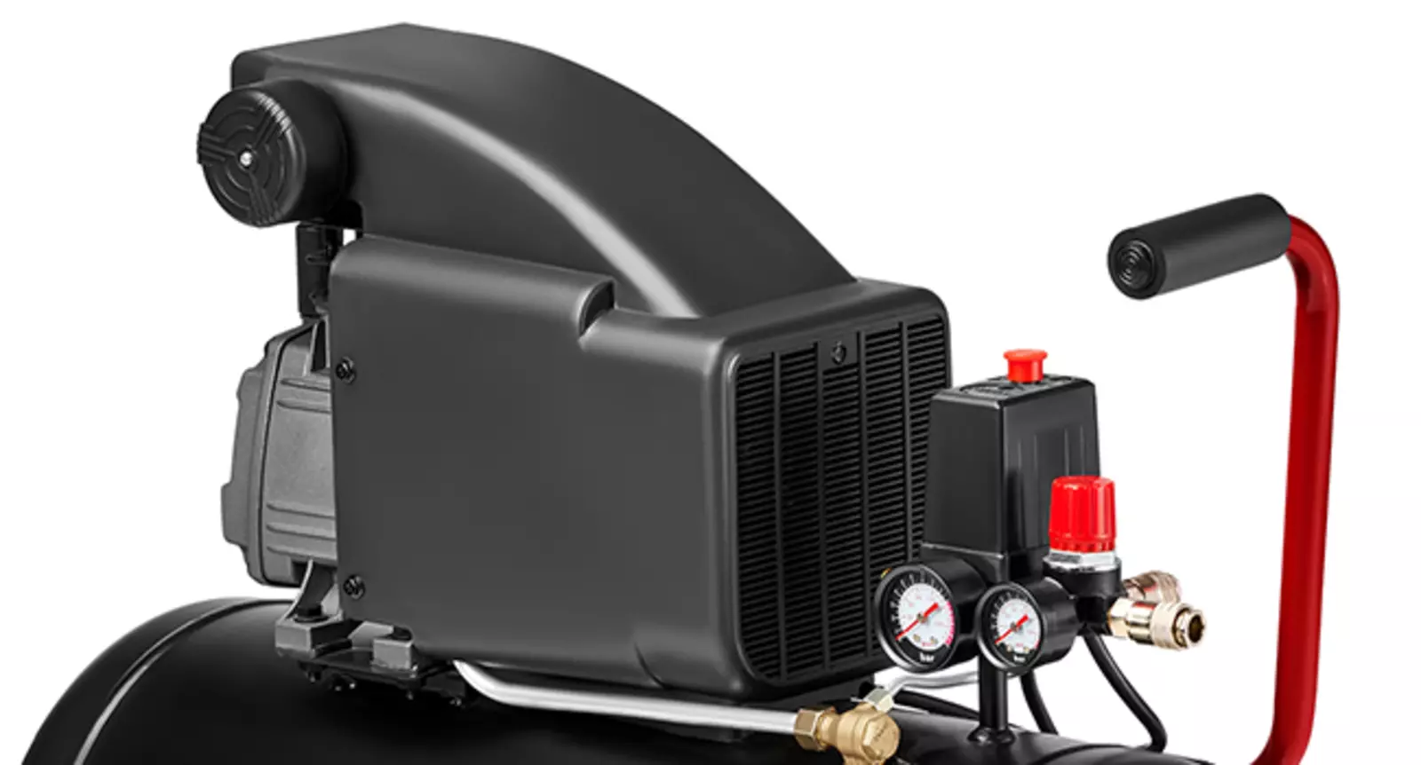 Компресор Einhell TC-AC 270/50/10 з чорним блоком двигуна та червоною ручкою, вид зверху під злегка кутом.