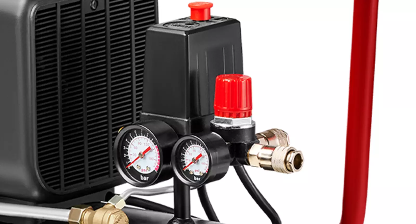 Крупний план компресора Einhell TC-AC 270/50/10 з двома манометрами та червоними регуляторами.