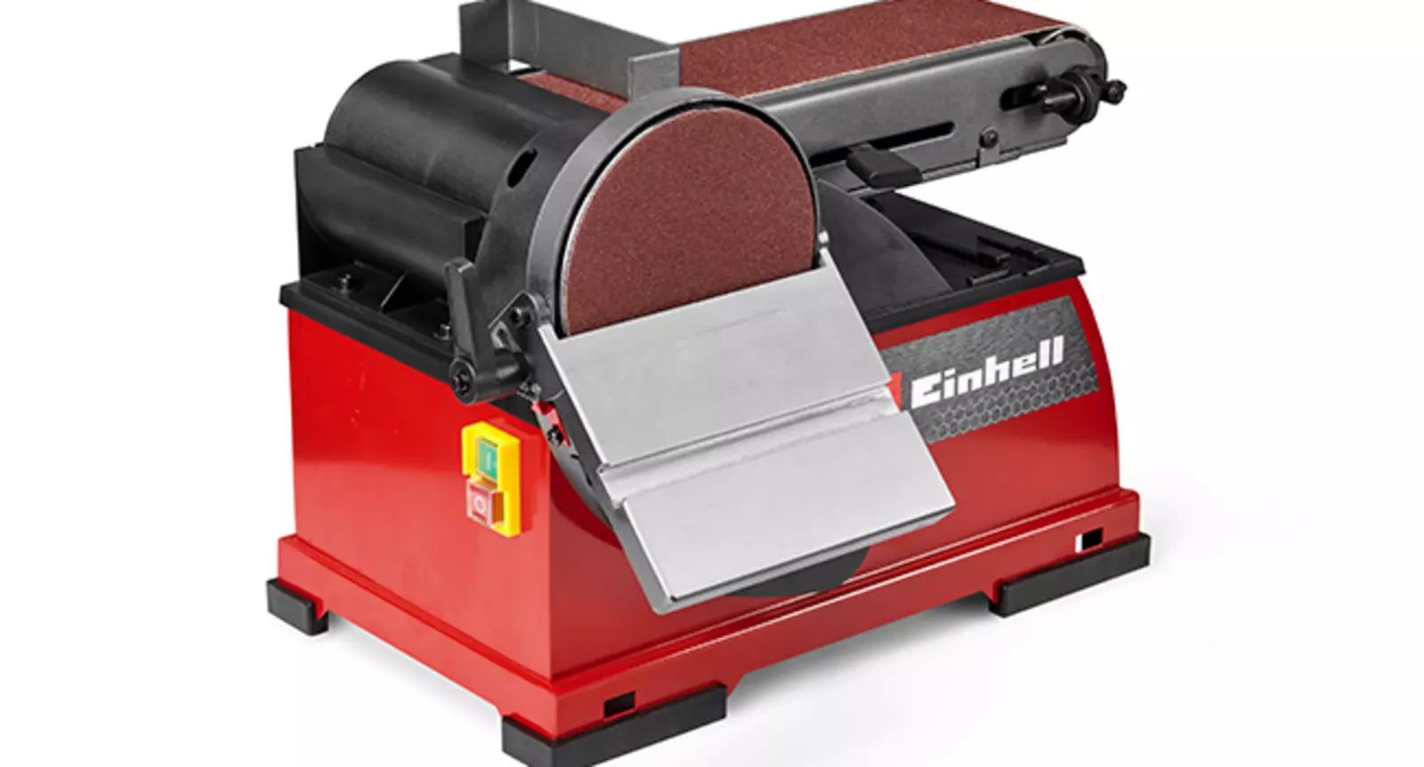 Стрічково-дисковий шліфувальний верстат Einhell TE-US 400 з похилим робочим столом на дисковій шліфмашині на білому тлі.