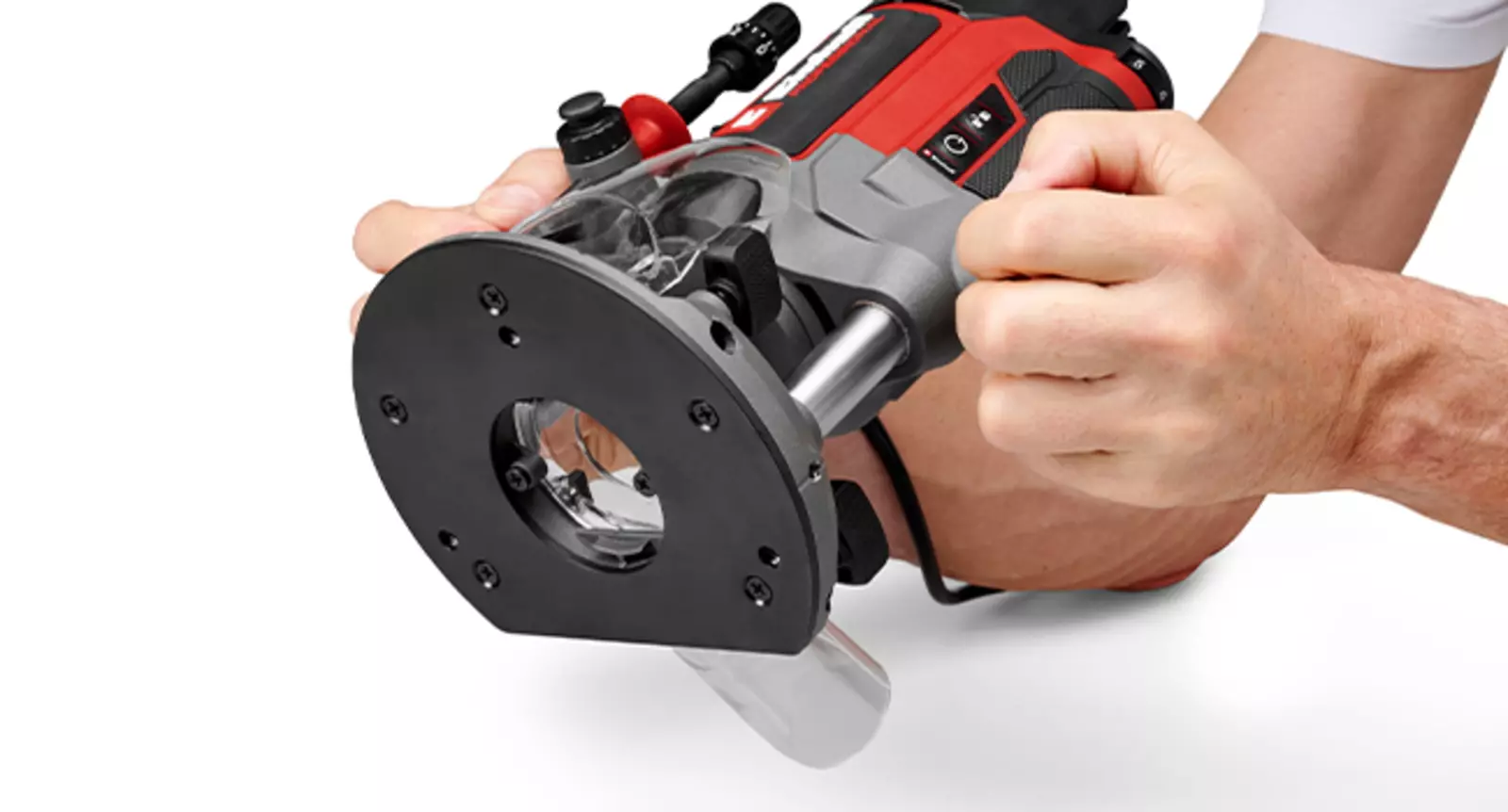 Нижня частина фрезера Einhell TP-RO 1400 E з видимою пластиковою вставкою для захисту чутливих заготовок.