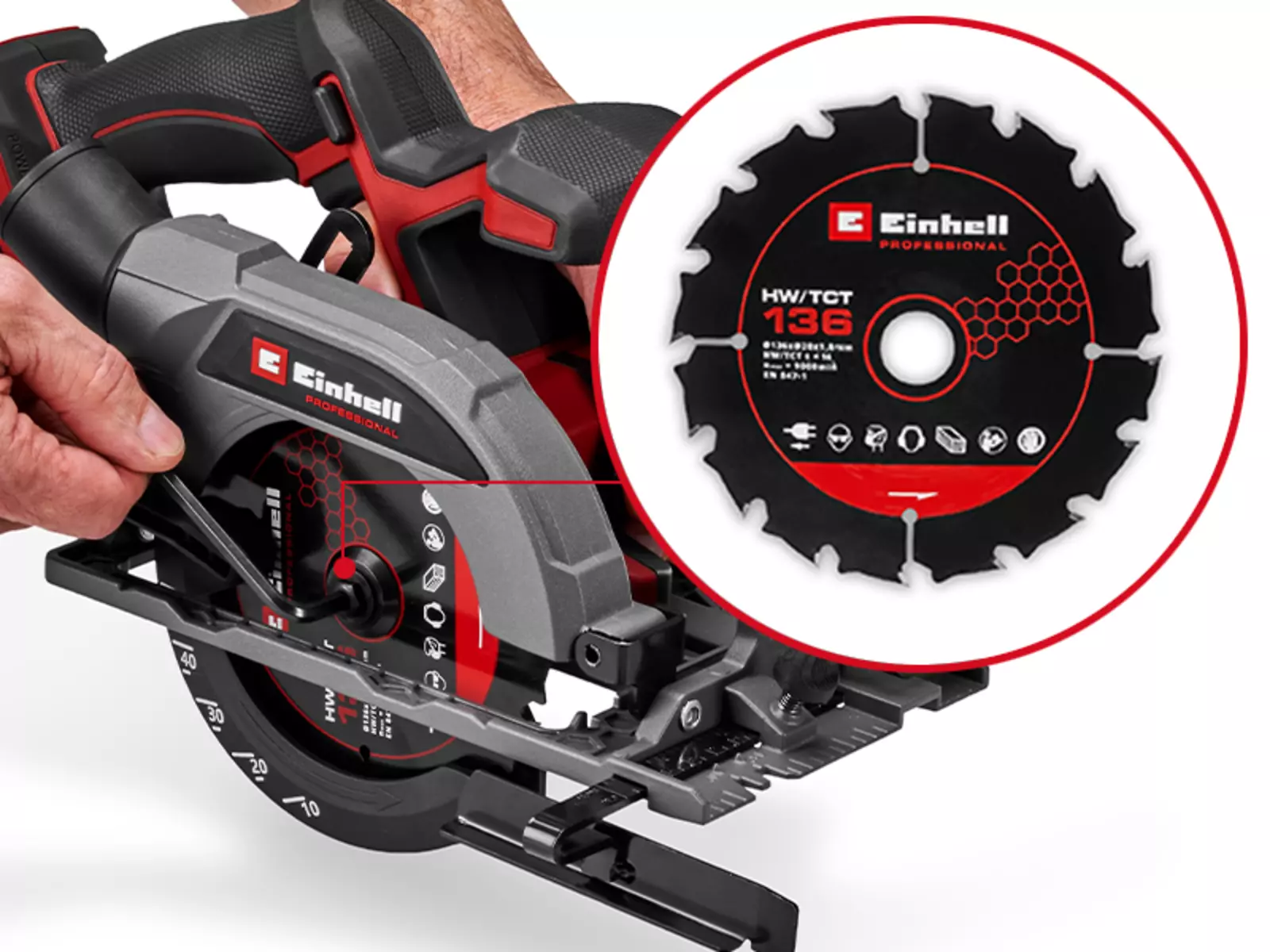 Детальний вигляд акумуляторної циркулярної пили Einhell TP-CS 18/136-C Li BL - Solo зі встановленим пиляльним диском; поруч збільшене зображення диска HW/TCT 136.