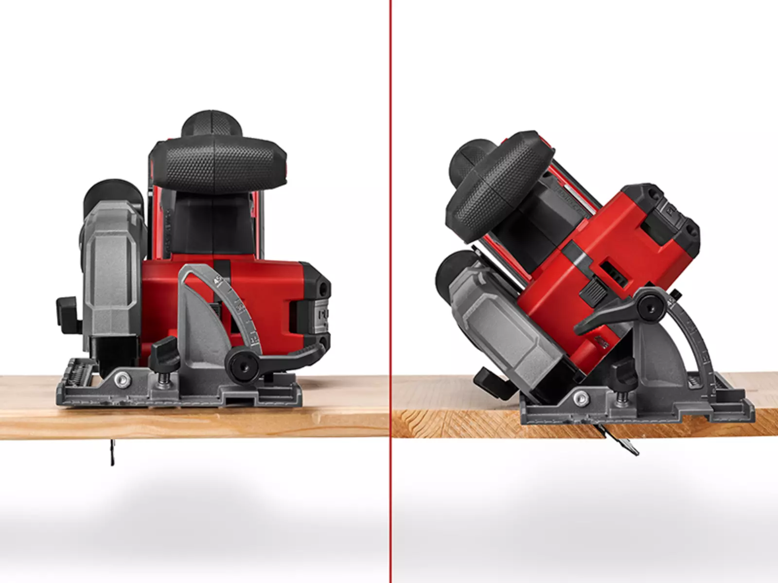 Подвійне зображення пили Einhell TP-CS 18/136-C Li BL - Solo: ліворуч прямий різ, праворуч різ під кутом.