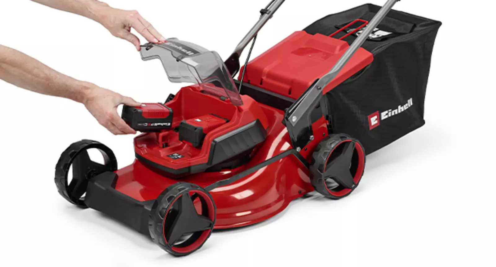 Акумуляторна газонокосарка Einhell з технологією Twin-Pack 36V використовує два акумулятори, які вставляються у верхню частину пристрою.