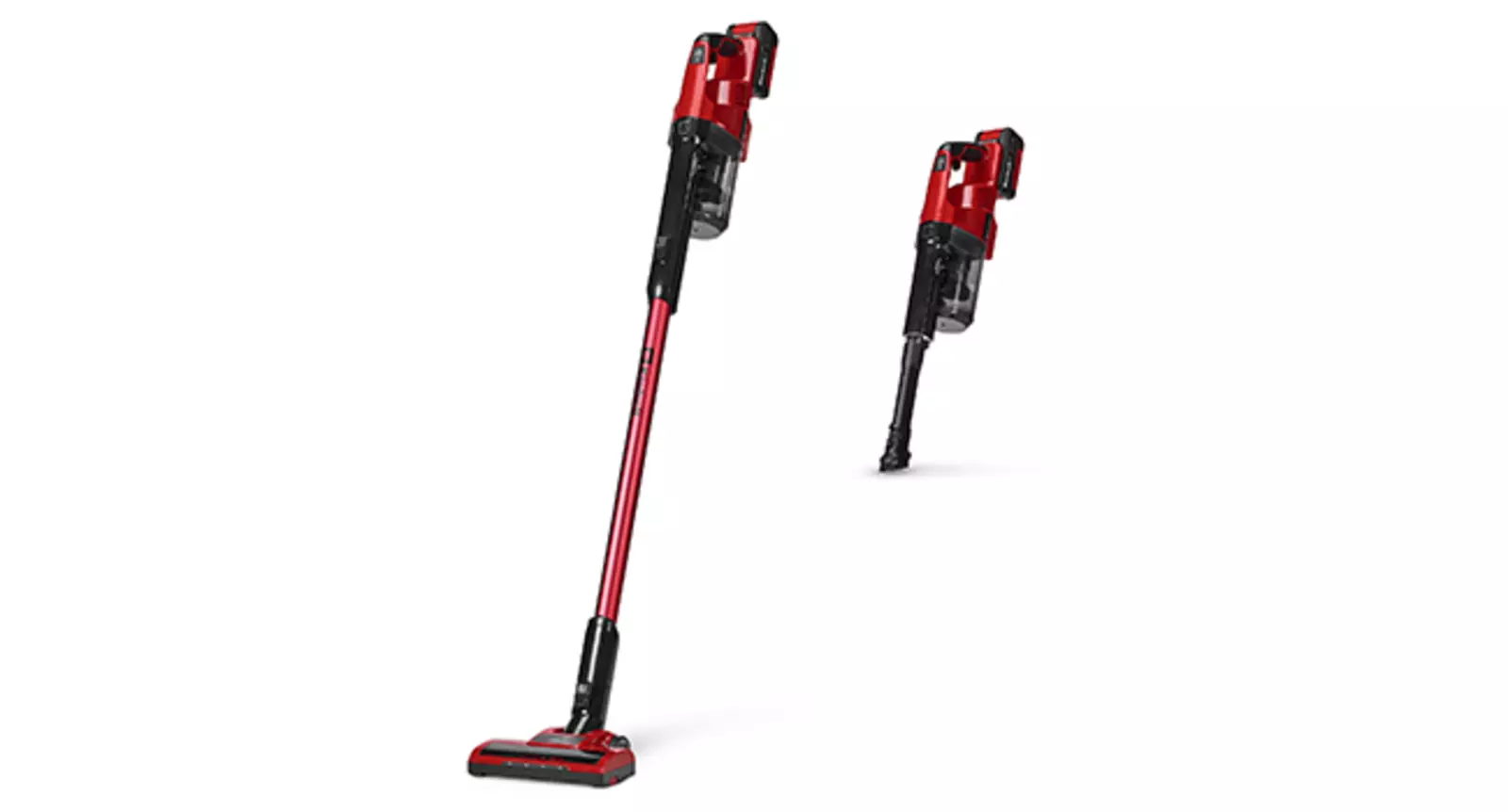 Бездротовий пилосос Einhell TE-SV 18 Li як пристрій 2-в-1: пилосос-настінник та знімний ручний пилосос на білому фоні.