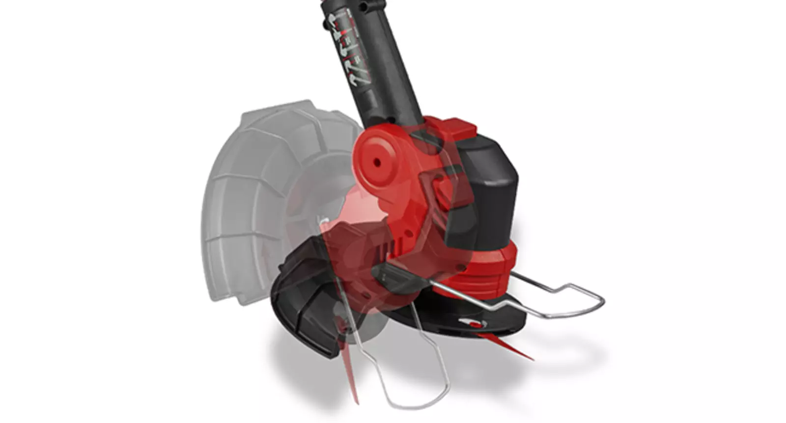 Der verstellbare Motorkopf des Einhell Akku-Rasentrimmers GE-CT 18/25-1 Li-Solo wird in verschiedene Arbeitspositionen geneigt dargestellt.
