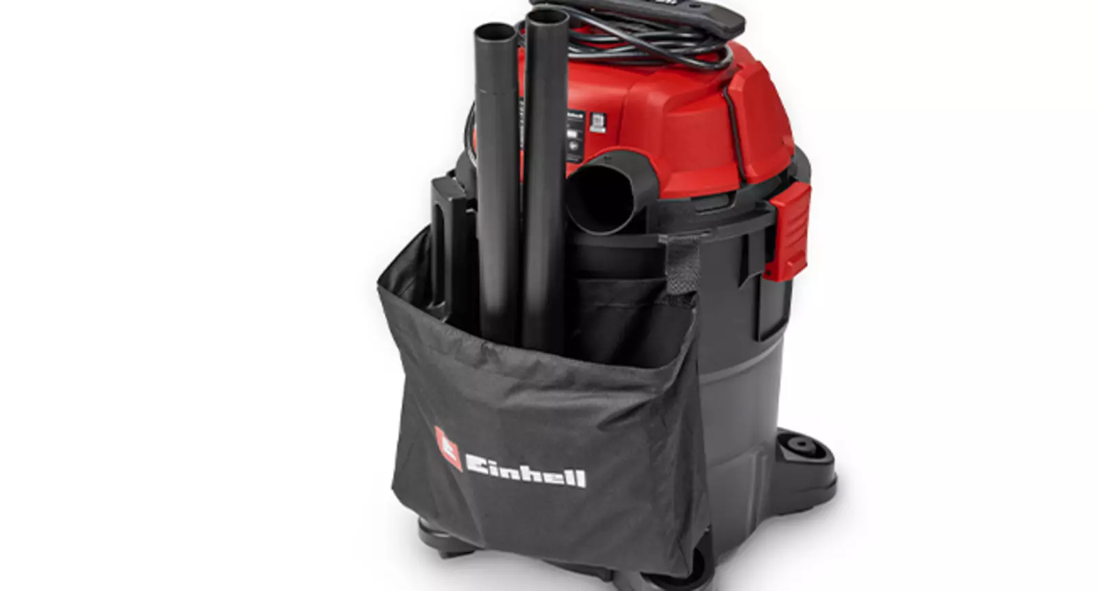 Мешок для хранения принадлежностей на пылесосе Einhell TC-VC 3055 A для сухой и влажной уборки, с установленными насадками и трубками.