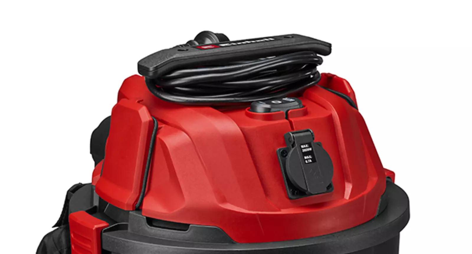 Отсек для хранения шланга и кабеля расположен сверху пылесоса Einhell TC-VC 3055 A для сухой и влажной уборки.
