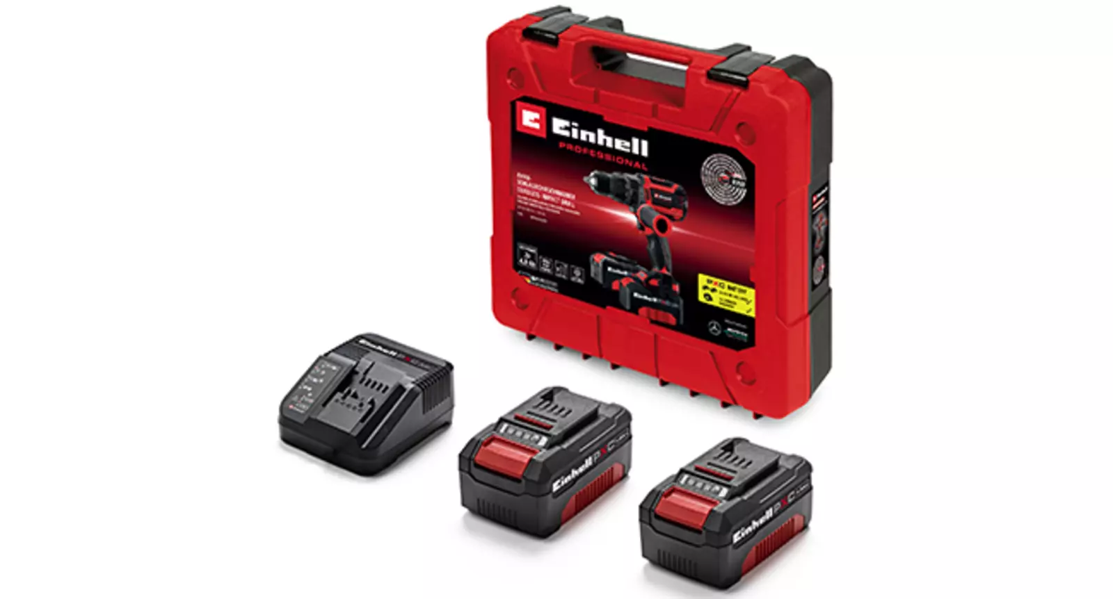 Комплект, що складається з двох акумуляторів Einhell Power X-Change, зарядного пристрою та червоного транспортного кейса на білому тлі.