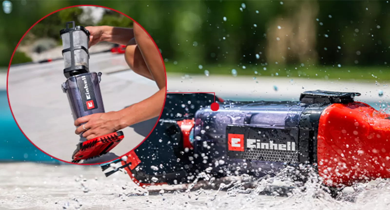 Беспроводной пылесос для бассейна Einhell GE-PV 18/42 Li T-Solo используется в воде; съемный фильтрующий бокс с фильтром виден в круге.