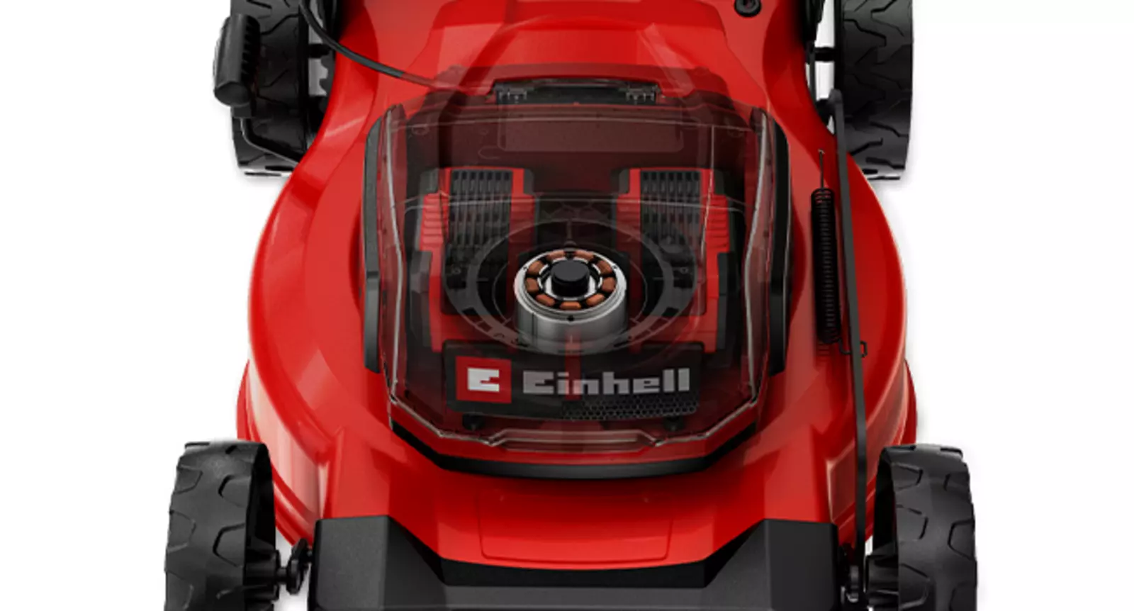 Вид сверху на беспроводную газонокосилку Einhell GC-CM 36/51 S Li BL (2x5,2 Ач) с видимым бесщеточным двигателем под прозрачным кожухом.