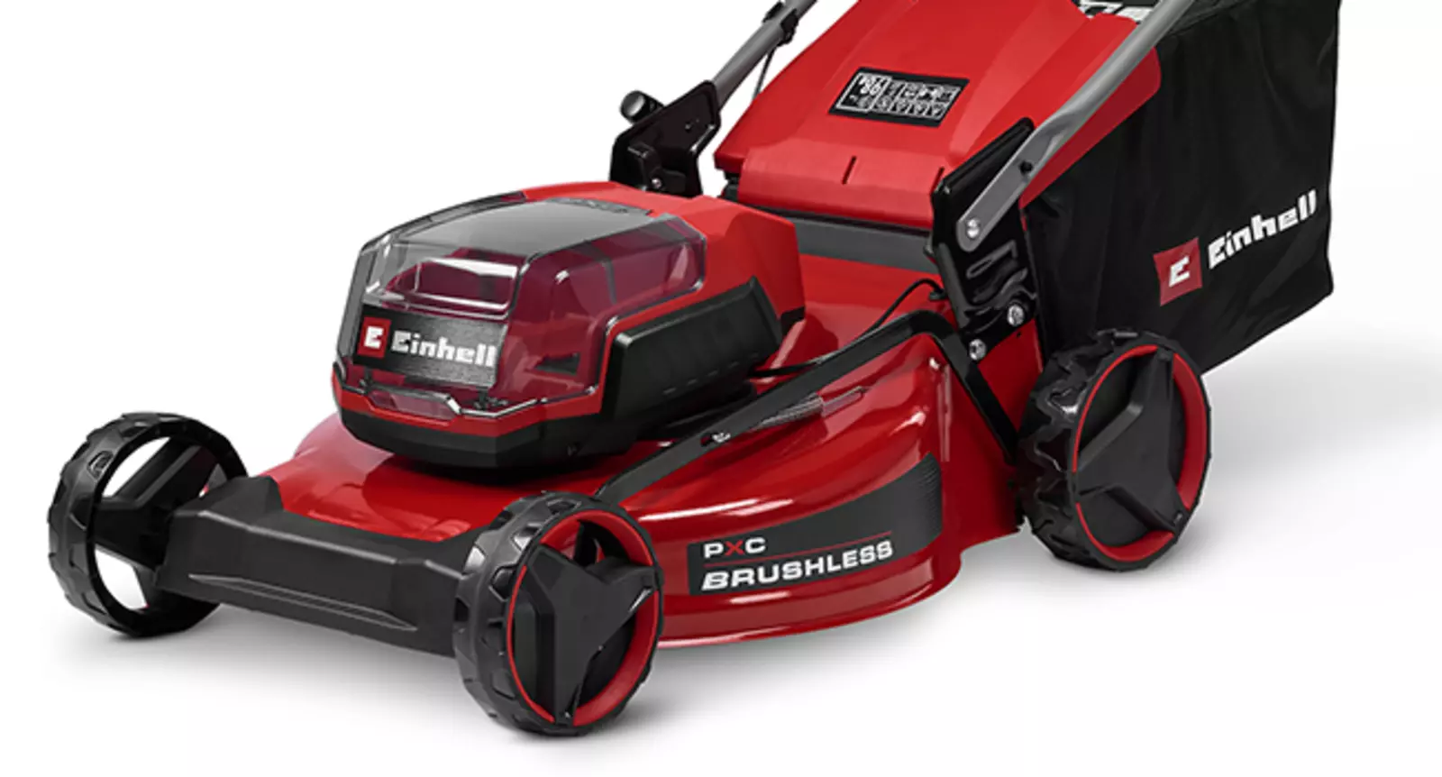 Аккумуляторная газонокосилка Einhell GC-CM 36/51 S Li BL (2x5,2 Ач), вид спереди по диагонали, с прочной стальной декой и установленным травосборником.