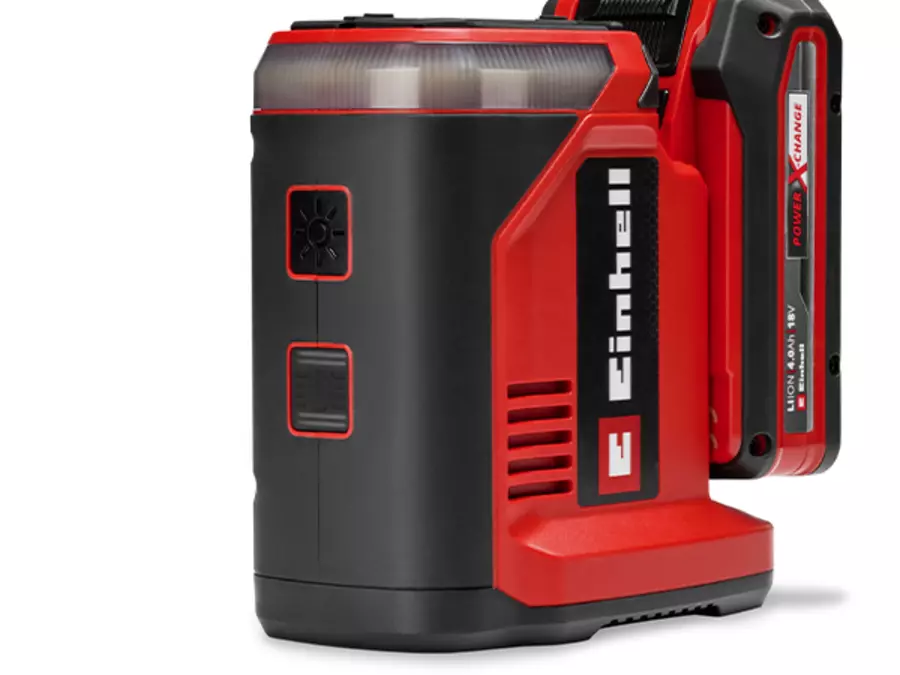 Вигляд збоку акумуляторної станції живлення Einhell TE-ES 18/150/1 Li-C-Solo чорного та червоного кольорів.