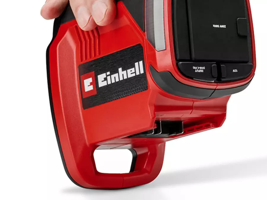Крупний план акумуляторної зарядної станції Einhell TE-ES 18/150/1 Li-C-Solo з гачком для підвішування.