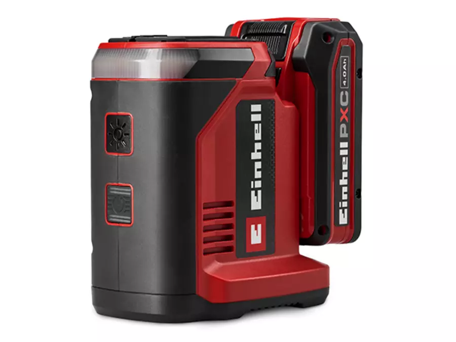 Акумуляторна зарядна станція Einhell TC-ES 18/150/1 Li-Solo зі вставленим акумулятором Power X-Change, зображена на білому фоні.