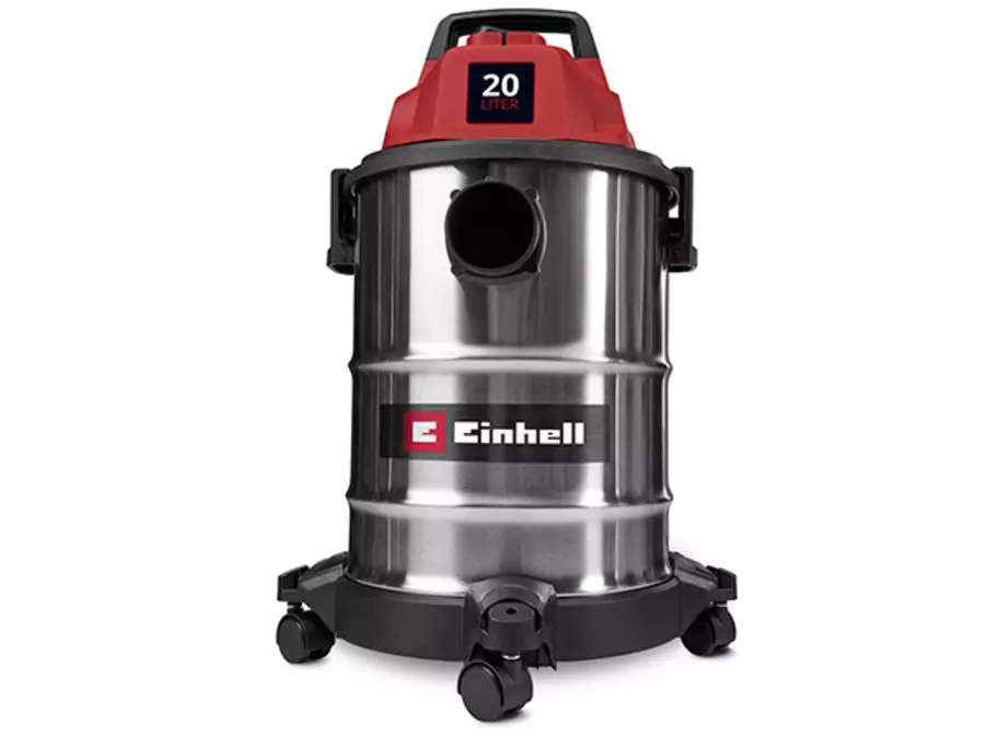 Вигляд спереду пилососа Einhell TC-VC 2045 S з баком із нержавіючої сталі та чотирма коліщатами.