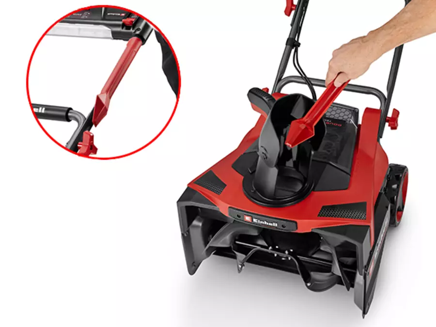 Акумуляторний снігоприбирач Einhell GP-ST 36/53 Li E BL-Solo з лопаткою для очищення та детальним зображенням кронштейна на ручкі.