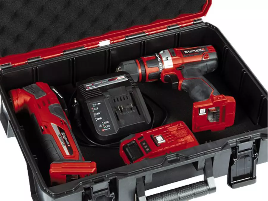 Внутрішній вигляд кейса Einhell E-Case S-F з поролоновою вставкою та інструментами.