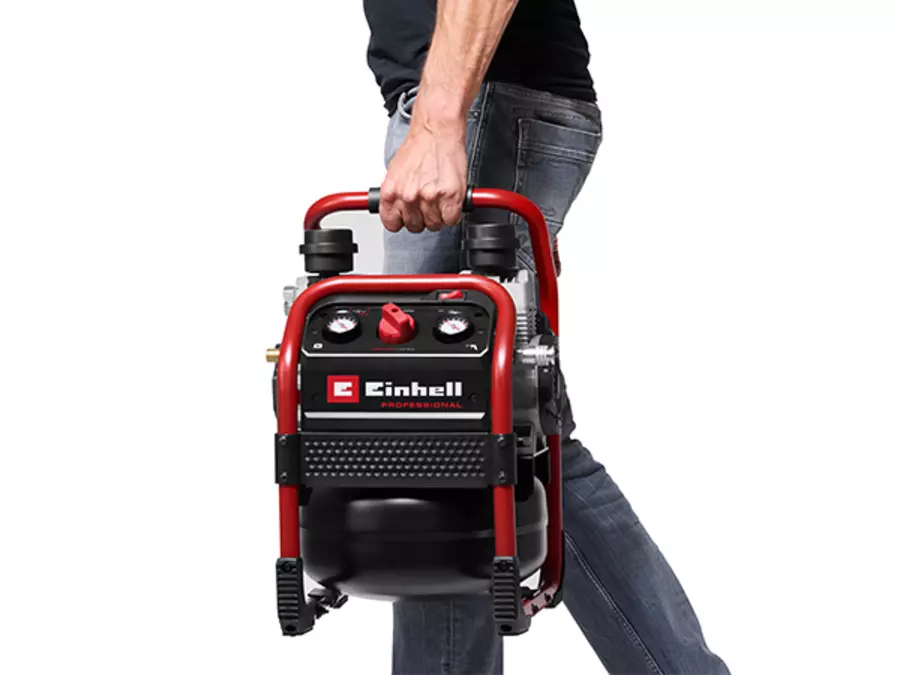 Акумуляторний компресор Einhell SILENZZO 18/160 переноситься за допомогою ручки та має компактний дизайн для мобільного використання.