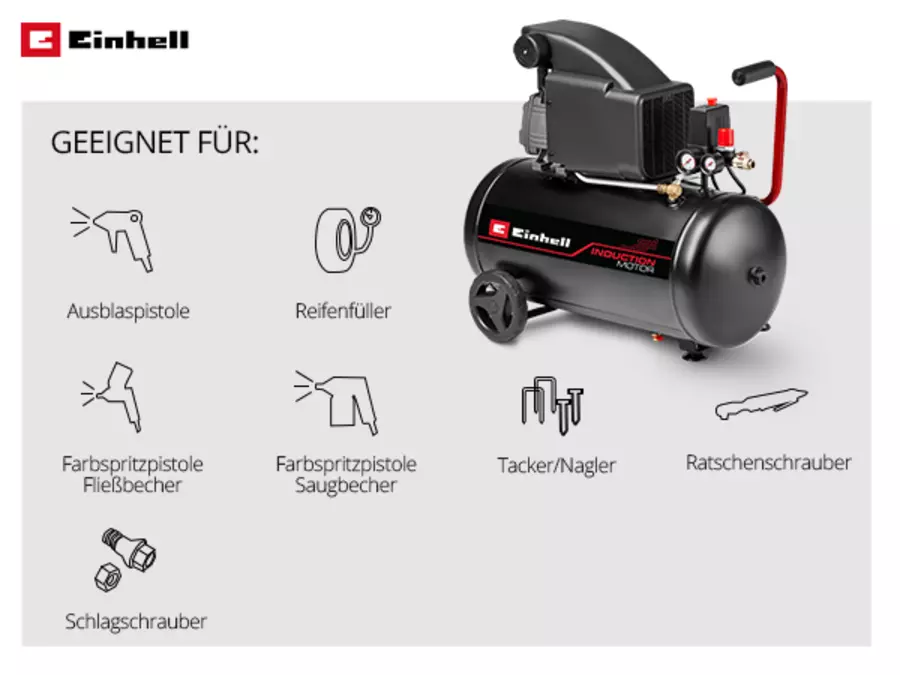 Компресор Einhell TC-AC 270/50/10 з графічним зображенням аксесуарів, підходить для продувних пістолетів, насосів для шин, фарбопультів, степлерів, викруток з тріскачкою та ударних гайковертів.