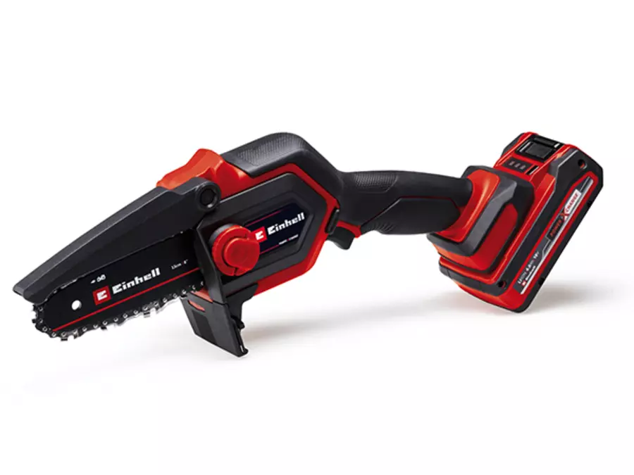 На зображенні показано акумуляторну бензопилу для гілок Einhell GE-PS 18/15 Li BL, вигляд збоку, на білому тлі.