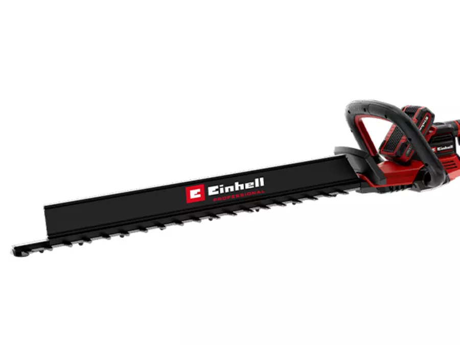 Аккумуляторный кусторез Einhell GP-CH 36/65 Li BL-Solo с установленным контейнером для сбора скошенной травы на белом фоне.