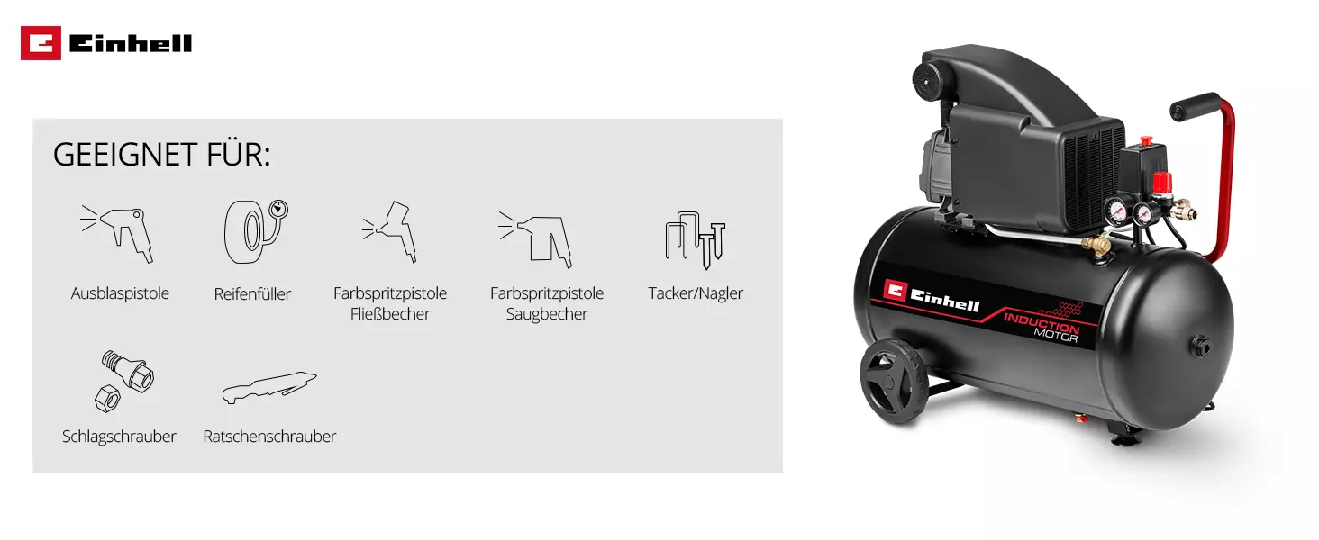 Компресор Einhell TC-AC 270/50/10 з графічним зображенням аксесуарів, підходить для продувних пістолетів, насосів для шин, фарбопультів, степлерів, викруток з тріскачкою та ударних гайковертів.
